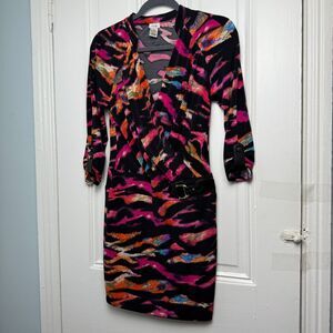 Cache Mini Dress Womens XS Colorful Abstract Y2K Wrap 3/4 Sleeve V Neck Club